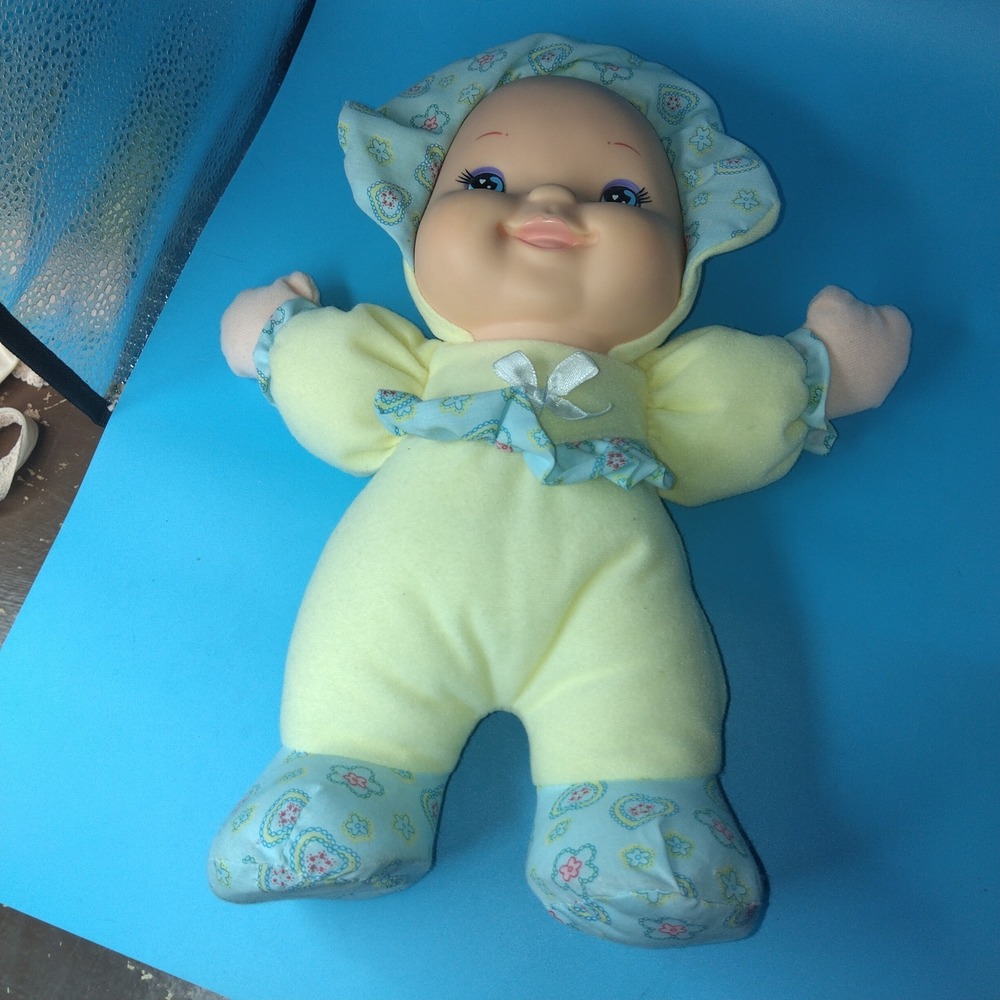Goldberger Baby's First Giggles Plush Doll Yellow Floral Heart Print Vinyl Face